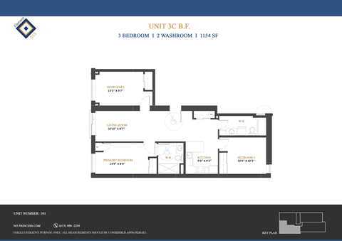 A floor plan for Unit 3C B.E. shows a 3 bedroom, 1 washroom unit.